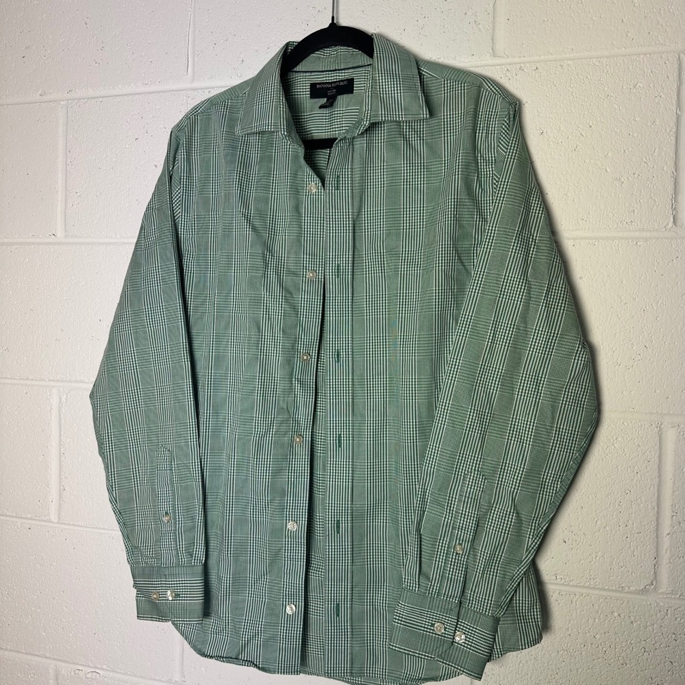 Banana Republic Mens Green White plaid Check Non Iron Slim Dress Shirt M 15.5 - Picture 2 of 4